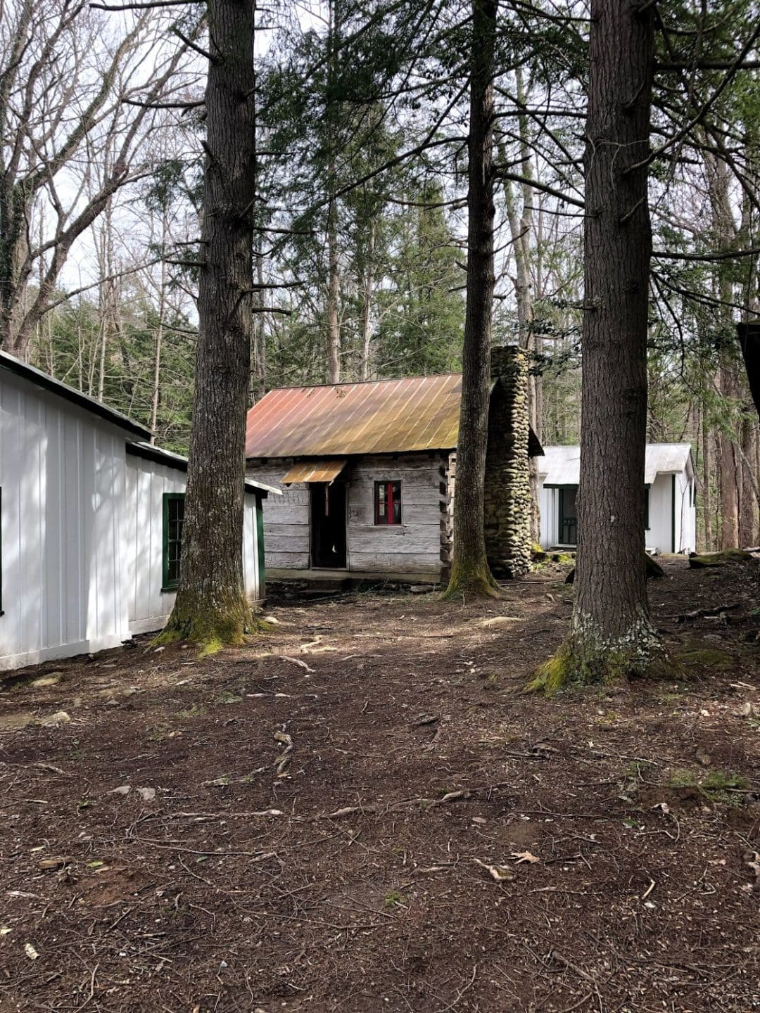 The center building with the reddish roof is the recently-restored Levi Trentham Cabin elkmont ghost town