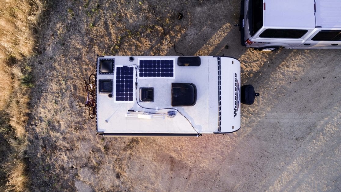 Aerial view of trailer with solar panels on roof