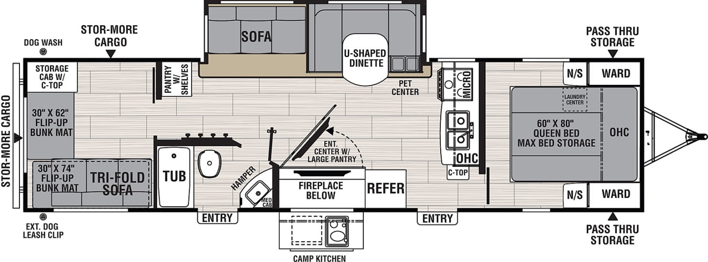 Coachmen Spirit 3272BH floor plan featuring a kick-out pet dish under the dinette.