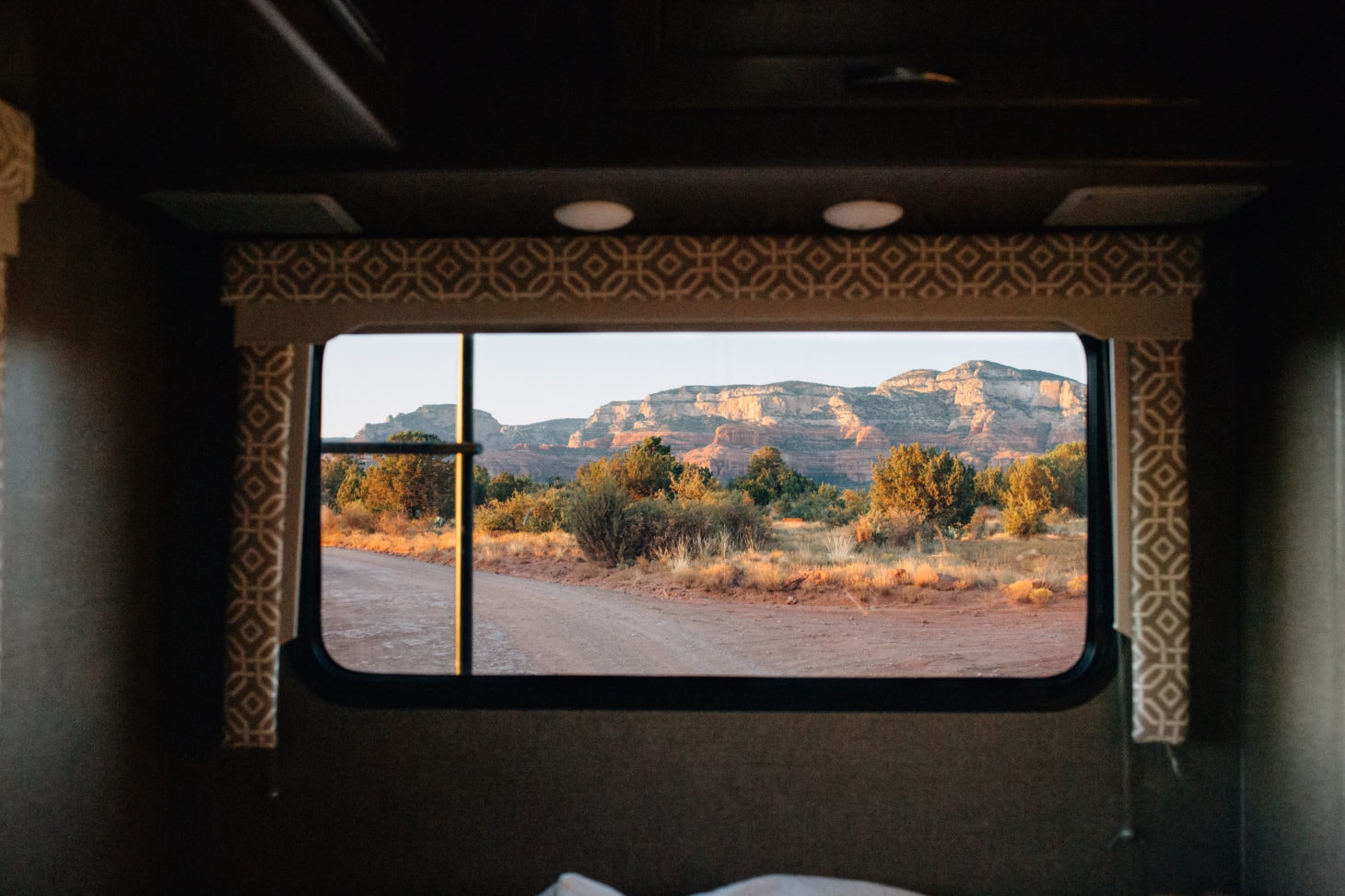 view looking out of rv window desert landscape