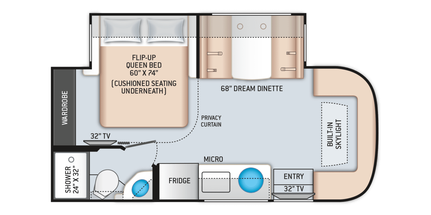 Floorplan of a large Class B+ RV from Thor