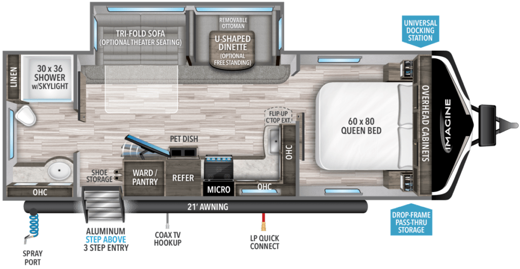 Floor plan of Grand Design Imagine 2600RB with claw-free vents and kick-out feeding bowl.